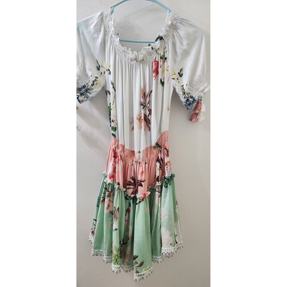 Hemant and Nandita Floral Tiered Mini Dress Smocked Waist Beaded Tassels Small - Picture 10 of 14